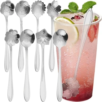 Afbeelding van MINGZE 8 Stuks Koffielepels, Roestvrijstalen Koffie Lepels Creatieve Bloemen Theelepeltjes Coffee Scoop Teaspoons Roerlepel Voor Roeren Mengen Thee Soep Suiker Latte Dranken Dessert Jam Ijslepel (Zilver)