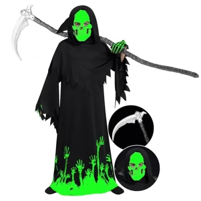 Afbeelding van Spooktacular Creations Magere Hein kostuum voor jongens, Halloween verkleedkostuum kinderen, enge outfit, zwart, medium (8 10 jaar)