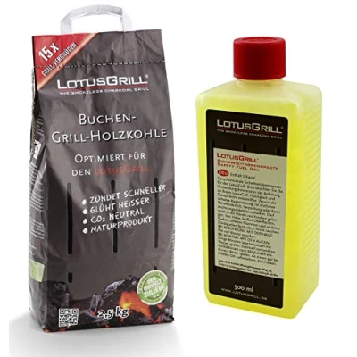 Afbeelding van LotusGrill beukenhoutskool 2,5 kg zak incl. brandpasta 500 ml, beide ontwikkeld voor rookarm grillen met de