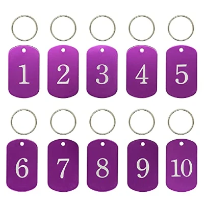 Afbeelding van Gegraveerde nummerlabels, aluminium, labels voor sleutelhangers, met ringen (1 10, paars)