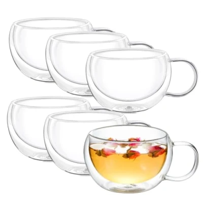 Afbeelding van Wilmax Thermoglazen met handvat, set van 6 stuks, dubbelwandige koffieglazen, latte macchiato glazen, cappuccinoglazen theeglazen, drinkglazen, thermobeker