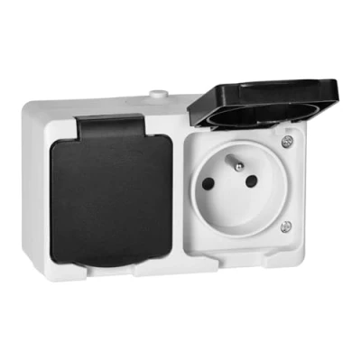 Afbeelding van Miratic Dubbel Stopcontact 2X2P+Z Franse versie Stekkerdoos IP54 Wit Zwart Opbouw Contactdoos