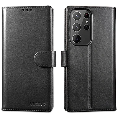 Afbeelding van LENSUN Echt lederen hoesje voor Samsung Galaxy S23 Ultra 5G, portemonnee telefoonhoesje, flip cover [RFID blokkering] met kaarthouder en magnetische sluiting zwart
