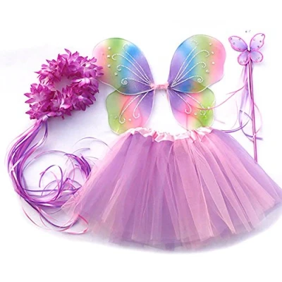 Afbeelding van Tante Tina Vlinder/feeënkostuum voor meisjes 4 delige set met vleugels, toverstaf, tiara en rok veelkleurig regenboog