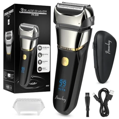 Afbeelding van elektrisch scheerapparaat voor heren, met 3 flexibele messen en reisetui, precisietrimmer, nat/droog scheerapparaat, 99 minuten looptijd, led display, cadeaus mannen