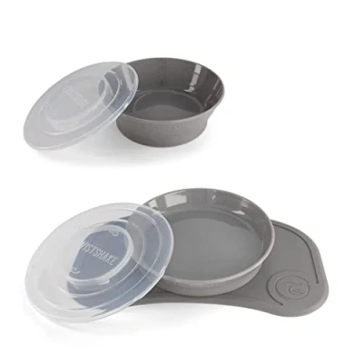 Afbeelding van Twistshake Baby Servies Set Mini + Kommetje Zuigbord Placemat (31x17cm) BPA Vrij Voedings Training Bord Grijs