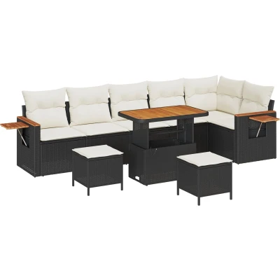 Afbeelding van vidaXL 9 delig Ligbed Set met Kussens Zwart Poly Rattan Acacia