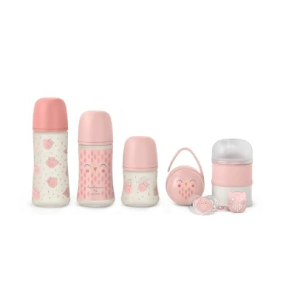 Afbeelding van Suavinex, Premium set voor pasgeborenen, 150 ml / 270 360 + fopspeen 0 6 maanden met fysieke speen SX Pro melkdispenser duo fopspeenhouder clip, roze