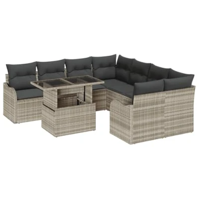 Afbeelding van vidaXL 9 delige Tuin Sofa Set met Kussens Lichtgrijze Poly Rattan, 2 zits Opslag &amp; Rattan
