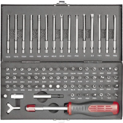 Afbeelding van TOOLCRAFT HT02183 820952 Bitset 75 delig Plat, Inbus, Clutch, Tri Wing, Torque, Veeltand (XZN), Kruiskop Pozidriv, Phillips, T profiel