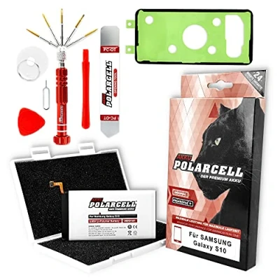 Afbeelding van PolarCell Accu voor Samsung Galaxy S10 SM G973F vervangt originele EB BG973ABU met gereedschapsset en lijstlijm 3600mAh sterke reservebatterij in professionele set geselecteerde A+