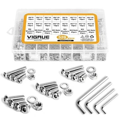 Afbeelding van VIGRUE 520PCS M3 M4 M5 M6 304 Roestvrij Staal Zeskantkop Knop Socket Hoofd Kabel Bouten Schroeven met Moeren Assortiment