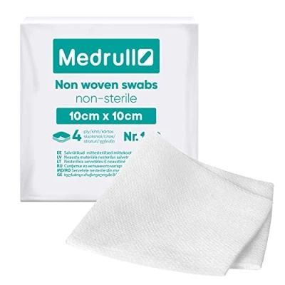 Afbeelding van Medrull Compressen niet geweven, STERIL, 100 stuks, 4 laags, 10 x cm, zuigkompressen, verbandmateriaal, wondkompressen