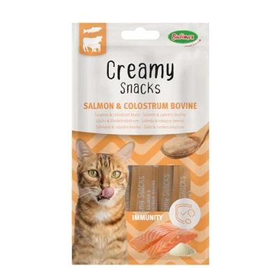Afbeelding van Bubimex Creamy Snacks zalm en rundercolostrum poeder Likcrème voor katten Gladde, romige smakelijke textuur Stimuleert de eetlust bevordert hydratatie 4 x 15 g