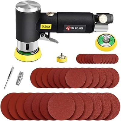 Afbeelding van SI FANG 25/50/75 mm mini polijstmachine, perslucht, excentrische schuurmachine, met 3 stuks schuurschijf, 45 delig mix grit schuurpapier, perslucht schuurapparaat voor het polijsten van auto