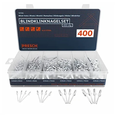 Afbeelding van Presch blindklinknagelset set 400 dlg. Compleet assortiment alu/staal klinknagels in de maten 2,4 mm, 3,2 4,0 mm en 4,8 Hoogwaardig blindklinknagels
