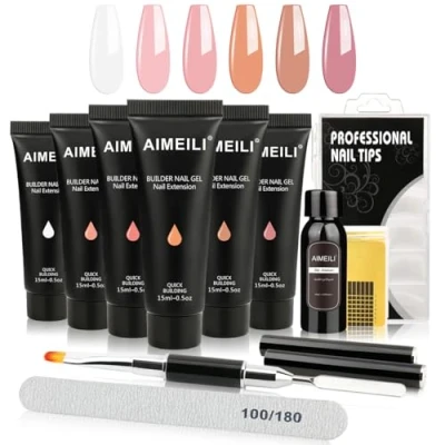 Afbeelding van AIMEILI Builder Gel Kit, Extend UV Soak off Extension Set met Slip Solution Pen 6W LED Lamp 6 * 15ML KIT2