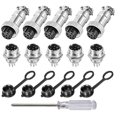 Afbeelding van Aiqeer 5 stuks 7 polige GX12 Aviation stekkers, 12 mm schroefdraad, metalen luchtvaartkabelverbinder, 5A mannelijke en vrouwelijke luchtvaartstekker, stekkerkit, met rubberen dop