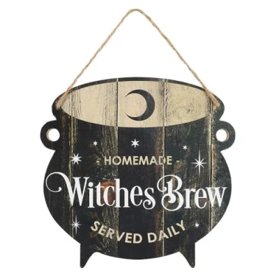 Afbeelding van Grillige zwarte &quot;Witches Brew&quot; ketel MDF opknoping bord 25 cm x (1 stuk.) Speelse Halloween Decor &amp; Schattige Keuken Accessoire