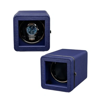 Afbeelding van Mcbazel Automatische horlogeopwinder met ledverlichting, elegante horlogedoos van PU leer voor horloge, stille motor, 4 rotatiemodi, rechthoekige horlogeopslag, blauw, blauw