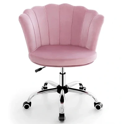 Afbeelding van COSTWAY Bureaustoel van fluweel, draaistoel met wieltjes, in hoogte verstelbare make upstoel, bureaustoel, computerstoel, fluwelen stoel voor slaapkamer, werkkamer (roze), 69 x 64 7482 cm