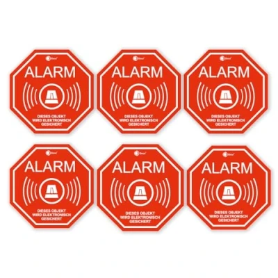 Afbeelding van 6 delige set alarmstickers, 5 x cm, let op gebouwen, elektronisch beveiligd, voor ramen en deuren, weerbestendig