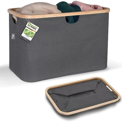 Afbeelding van HENNEZ opvouwbare wasmand, grijs, 60 liter, van stof met bamboe, inklapbaar, plat, draagbare wasverzamelaar