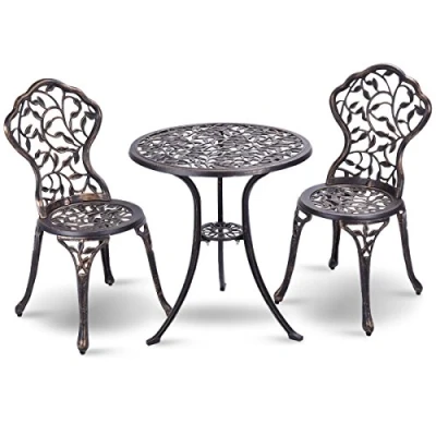 Afbeelding van COSTWAY 3 delige tuinmeubelset, balkonset met 2 stoelen en tafel, balkonmeubels van gegoten aluminium, terrasmeubels, tuingarnituur, zitgroep voor terras, balkon, tuin