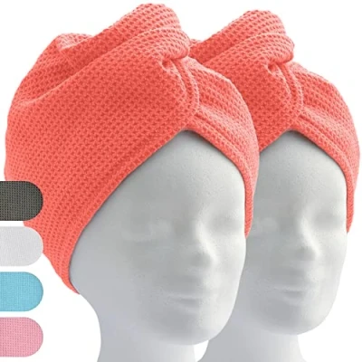 Afbeelding van ELEXACARE haartulband, tulband handdoek met knoop (2 stuks, koraalrood/oranje), microvezel voor hoofd en lang haar