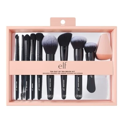 Afbeelding van e.l.f. tien van penselen, 10 delige borstelset, borstels voor gezichtsmake up, ogen, wenkbrauwen en meer, gemaakt met synthetische haren, veganistisch dierproefvrij
