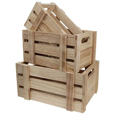 Afbeelding van Belle Vous Houten Opslag Kratten met Handvatten (Set van 3) Rustiek Small, Medium &amp; Large Maten Decoratieve Krat Natuurlijk Onbewerkt Huis Mand Display Doos