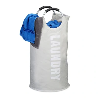 Afbeelding van Relaxdays vouwbare wasmand met hengsel 60 liter waszak vouwbaar draagbaar wasbox wit