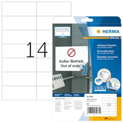 Afbeelding van HERMA 5081 universele etiketten A4 afneembaar (105 x 42,3 mm, 25 velles, papier, mat) zelfklevend, bedrukbaar, verwijderbaar en opnieuw klevende etiketten, 350 voor printer, wit