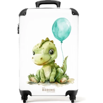 Afbeelding van NoBoringSuitcases.com® Kinderkoffer jongen Kindertrolley jongens Dino met blauwe ballon Handbagage koffer lichtgewicht Reiskoffer trolley kinderen Rolkoffer wieltjes Past binnen 55x40x20 en 55x35x25
