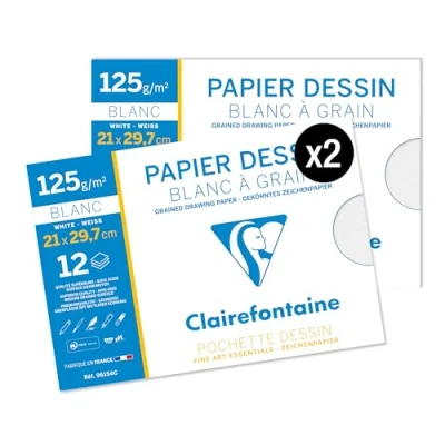Afbeelding van Clairefontaine 96154AMZC Set van 2 schooltekenzakjes 12 vellen wit graan tekenpapier A4 21 x 29,7 cm 125 g ideaal voor kunstkunsten