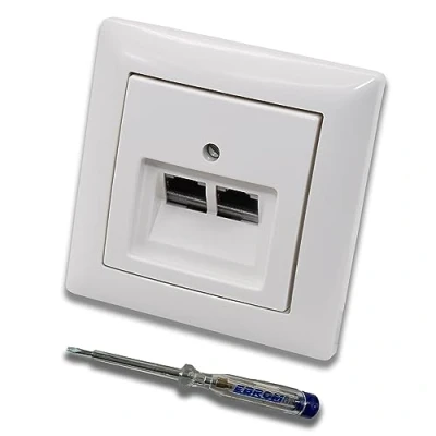 Afbeelding van BUSCH JÄGER complete set / 2 delige netwerkdoos voudige UAE aansluitdoos Cat.6A RJ45 ISO afgeschermd + 1 vak afdekking Balance SI alpinewit glanzend EBROM fasetester voor montage van de