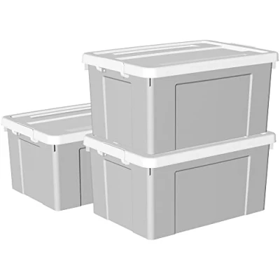 Afbeelding van Cetomo 65L x 3 opbergdozen, plastic opbergdoos met deksels, organiserende container veilige sluitgespen, stapelbaar, nestbaar, draagtas voor thuiskantoorkleding, 3Pack, grijs