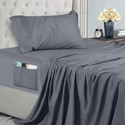Afbeelding van Utopia Bedding 3 Delige Geborduurde Lakenset (Voor Bedmaat 90 x 190 cm, Grijs) Geborsteld Microvezel Polyester,1 Vlakke Laken, 1 Hoeslaken met Kussensloop 50 75 cm