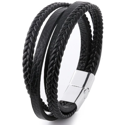 Afbeelding van Armband Heren Zwart Leer met Stalen Sluiting Dubbele Vlecht Armbanden Cadeau voor Man Mannen Cadeautjes