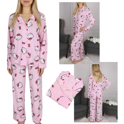 Afbeelding van Hello Kitty Roze damespyjama met lange mouwen, wijde pijpen, knoopsluiting