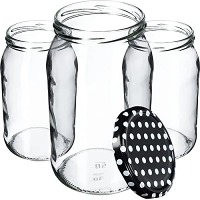 Afbeelding van KADAX Weckpotten, 900 ml, inmaakpot om in te doen, inmaakpotten voor schroefdeksel, inmaakpot, bewaarpot, conservenpot (24 stuks, zwart gestippeld)