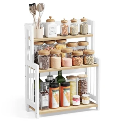 Afbeelding van SONGMICS 3 Tier Kruidenrek Keuken Plank Opbergrek Werkblad Bamboe Rek Eetkamer Kantoor Natuurlijke Eiken OFS047Y01