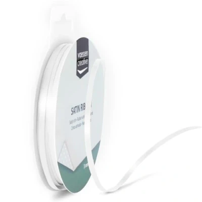 Afbeelding van Vaessen Creative Satijnen lint 3 mm x 10 m wit, lint, decoratief linten om te knutselen, stoffen voor bruiloft, doop en verjaardagscadeaus