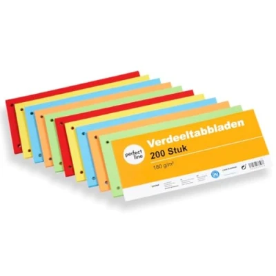 Afbeelding van perfect line 200 verdeeltabbladen voor A4 mappen, verdeelschotten van gerecycled karton, made in Germany, 5 kleuren, geperforeerd