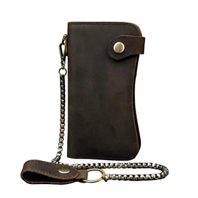 Afbeelding van Heren Lederen Lange Tweevoudige Portemonnee Vintage Kettingportemonnee Met Ritsvak (Chain Wallet)