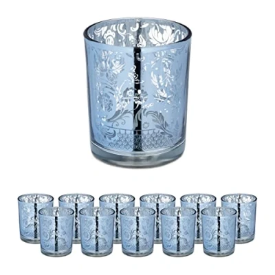 Afbeelding van Relaxdays theelichtglazen set van 12, waxinelichthouders, floraal patroon, HxØ: 8,5x7 cm, sfeerverlichting, glas, zilver