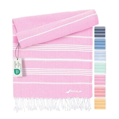 Afbeelding van Fit Flip Hamamdoek Strandhanddoek XXL van 100% gerecycled katoen sneldrogend strandlaken, fouta, pestemal Turkse handdoek ideaal als hamam saunahanddoek en sarong Roze 100x200cm Sultan