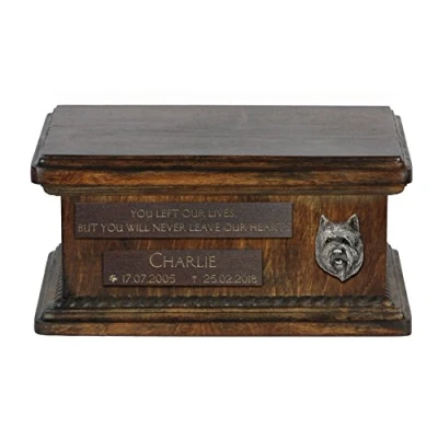 Afbeelding van Art Dog Custom Low Memorial Urn Handgemaakt koud gegoten bronzen portret op berkenbasis Gepersonaliseerde hondencrematiedoos 8,3x11,4x4,3 Cairnterriër