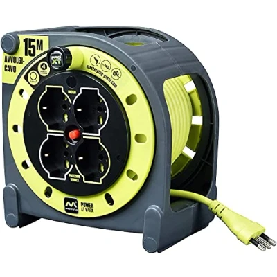 Afbeelding van Masterplug Pro XT kabelhaspel 15 meter, 4 universele stopcontacten prolivalent: twee pass, EU, Schuko, verlengkabel 16 A, LED display, kabel voor hoge zichtbaarheid