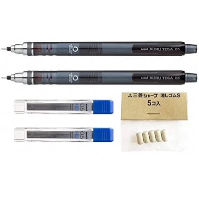 Afbeelding van Uni Ball Kuru Toga 0,5 mm Zelfslijpend vulpotlood Smoke Barrel Pak van 2 + 24 gratis stiften en 5 gummen